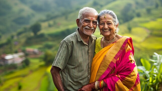 Loving Indian Grandparents in Vibrant Saris Enjoying Lush Green Valley Views