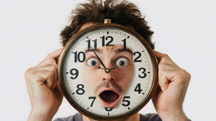 A man's face is composited with a clock face, creating a comical image about time.