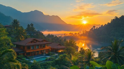 Fototapeta premium Sunrise over mountain resort home with pool