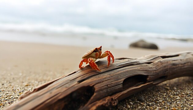 Tiny crab on a driftwood at the beach with cloudy sky and waves in the background - Powered by Adobe