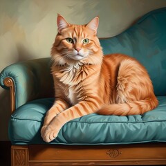 Charming Oil Painting of a Beautiful Orange Cat Relaxing on a Sofa: Capturing the Cozy Elegance and Playful Spirit of Feline Comfort in Rich, Lively Colors