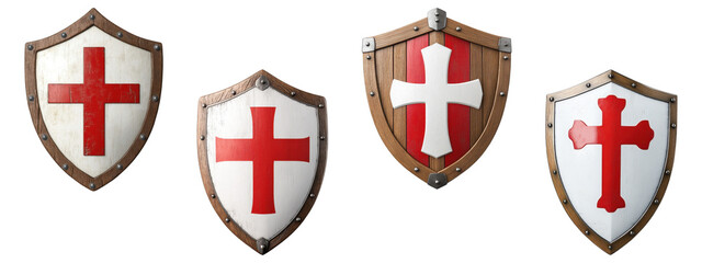 Obraz premium Medieval shields with cross designs in wood and metal, isolated on transparent background