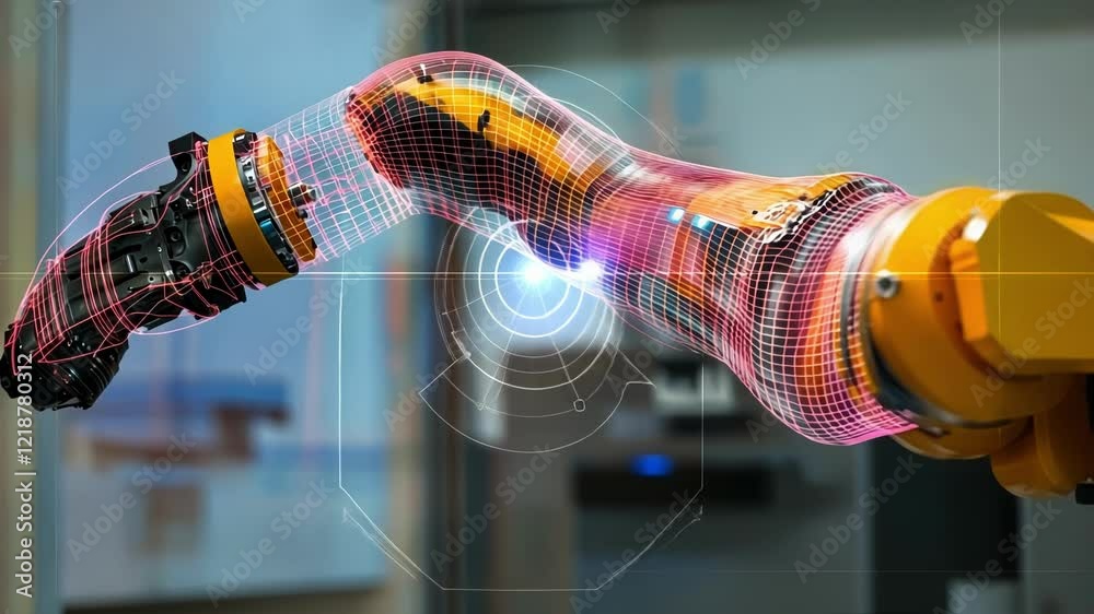 Poster robotic arm performing industrial automation tasks in a modern factory, enhanced by an augmented rea