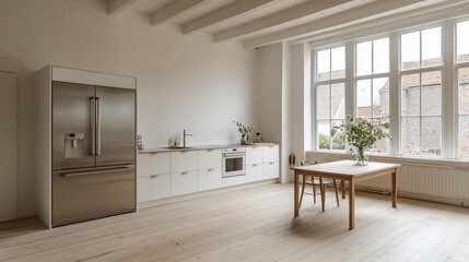 Obraz premium Minimalist kitchen in bright loft apartment with large windows and wooden floor.