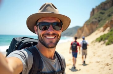 Happy young man taking selfie at the beach side - Smiling guy looking at camera outside - Summer vacations and technology concept