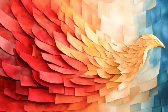 Mythology art phoenix bird reborn from fire with fabric feathers in red, orange, blue, flame abstract background, material 3d sections overlaid