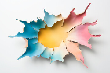 Jagged torn frame effect with abstract fabric in yellow at center, dynamic energy, copy space, isolated on white background