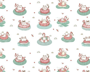 Cartoon cat with Flamingo. Pattern. Cute Sticker. Summer time. Vector.