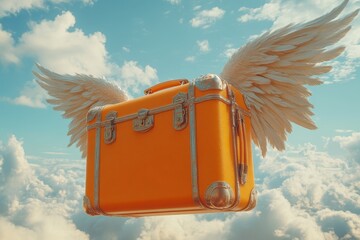 3D render of an orange suitcase with white wings, symbolizing travel freedom