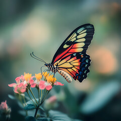 Obraz premium Butterfly on a Flower: A vibrant butterfly with wings of yellow, orange, red, and black, perches delicately on a cluster of vibrant pink flowers.