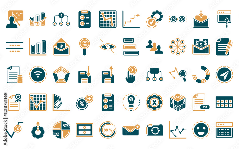 Poster 50 linear user interface icon pack. vector thin line slide right, increasing data, data analytics fl