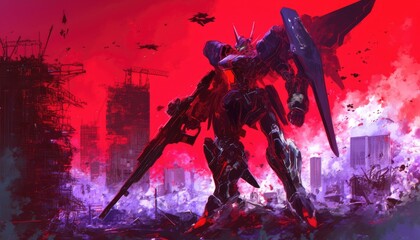 Mech Warrior Stands in a Destroyed Cityscape