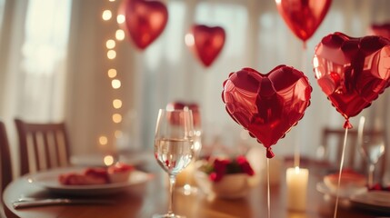 Elegant Valentine’s Day 2024 scene featuring heart-shaped balloons and an intimate dinner setup, capturing the romance and special moments perfect for Valentine’s Day content.