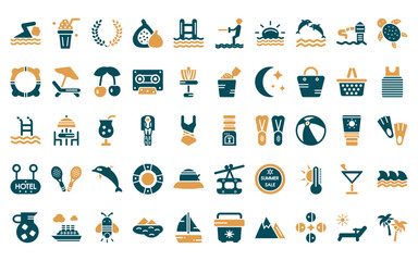 50 linear summer icon pack. vector thin line dispenser, milkshake, wreath, fig, swimming pool ladder, waterski, sun at sea icons suitable for apps and websites ui designs.