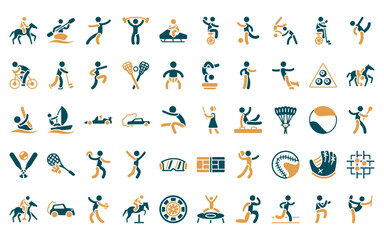 50 linear sport icon pack. vector thin line kendo, canoe sport, kung fu, powerlifting, snowmobile sport, unicycling handball, kickball icons suitable for apps and websites ui designs.
