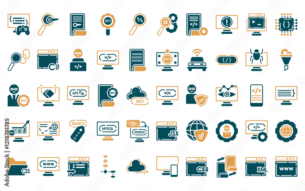 Poster 50 linear programming icon pack. vector thin line 404 error, seo keywords, encripted file, seo tools
