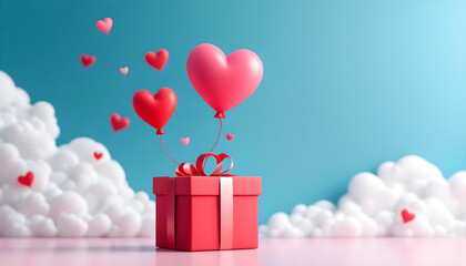 Elegant Valentine's Day poster featuring a heart balloon lifting a gift box in the sky in creative paper art style