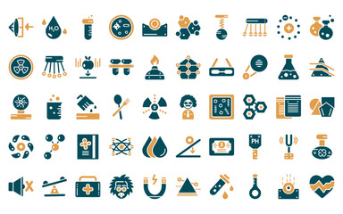 50 linear science icon pack. vector thin line professor, h2o, test tube, microorganism, concave, formula, force icons suitable for apps and websites ui designs.
