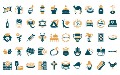 50 linear religion icon pack. vector thin line muhammad word, burning bush, dreidel, islamic lantern, one god, mosque domes, dromedary icons suitable for apps and websites ui designs.