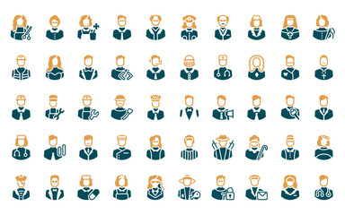 50 linear professions icon pack. vector thin line concierge, cashier, boxer, director, cricket player, lobby boy, athlete icons suitable for apps and websites ui designs.