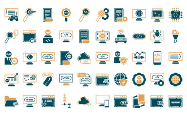50 linear programming icon pack. vector thin line 404 error, seo keywords, encripted file, seo tools, code review, optimization, article icons suitable for apps and websites ui designs.
