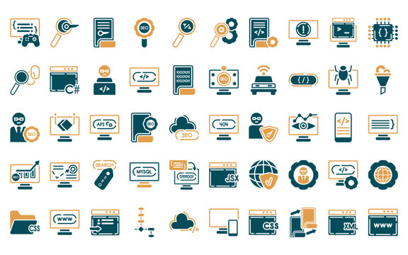 50 linear programming icon pack. vector thin line 404 error, seo keywords, encripted file, seo tools, code review, optimization, article icons suitable for apps and websites ui designs.