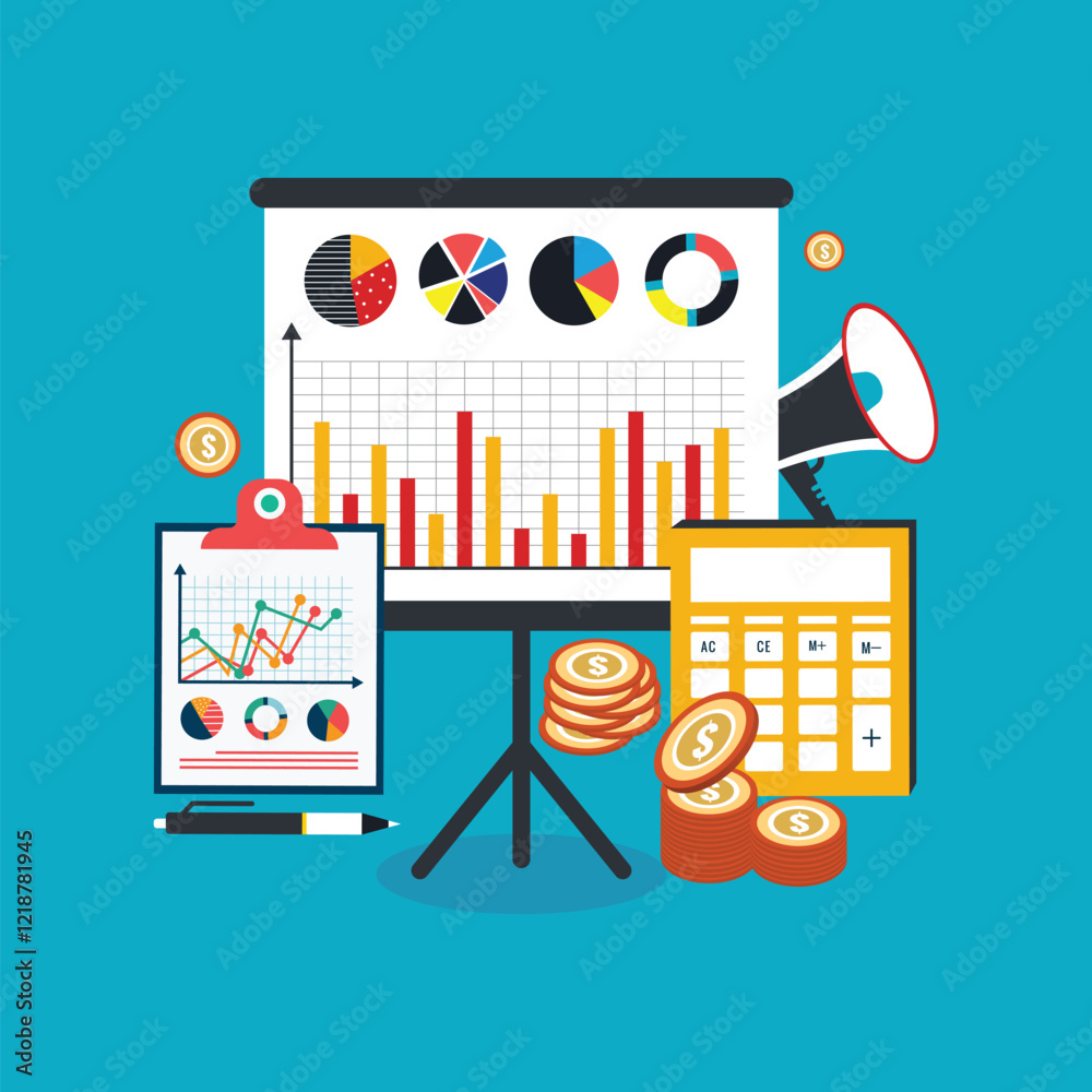 Poster financial accounting concept. performance monitoring concept. research results and data analysis. da