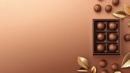 Elegant Gourmet Chocolate Box with Truffles Surrounded by Golden Leaves on a Warm Brown Background