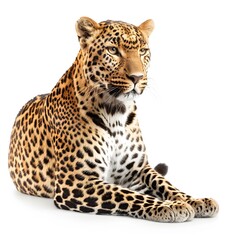 Obraz premium Majestic Leopard Sitting Gracefully Against White Background