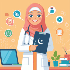 Flat design of a happy Muslim female doctor standing with a clipboard 011
