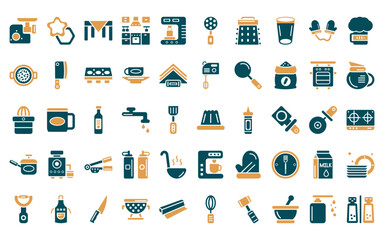 50 linear kitchen icon pack. vector thin line mould, cookie cutter, tablecloth, kitchen, coffee hine, skimmer, grater icons suitable for apps and websites ui designs.