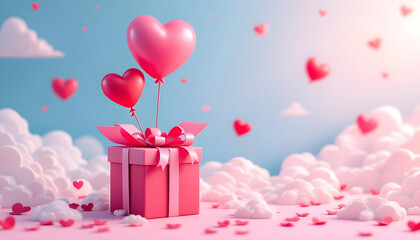 A charming Valentine's Day background featuring a floating gift box with heart balloon in soft pink paper art style