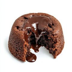 A decadent chocolate lava cake oozing with molten cocoa, isolated white background, surrealism art style