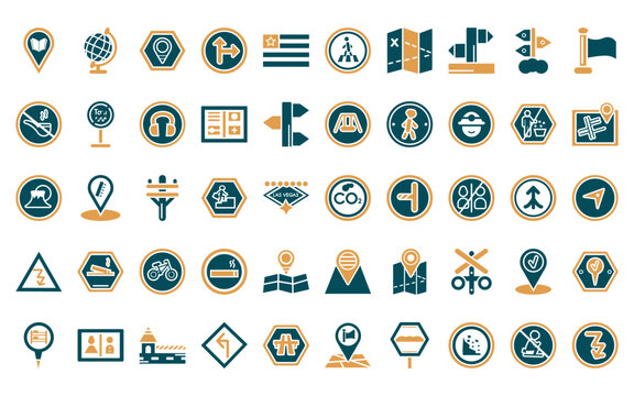 50 linear maps and flags icon pack. vector thin line co2, earth gobe, locato, left side road, square flag, crossing road caution, treasure map with x icons suitable for apps and websites ui designs.