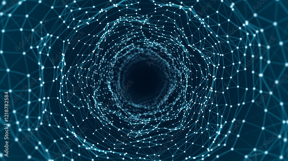 Wall mural blue dot and line mesh connection tunnel with polygonal technology abstract background