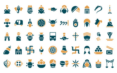 Naklejka premium 50 linear india icon pack. vector thin line brahman, indian elephant, ugadi, krishna, biju janata dal, durga puja, turban icons suitable for apps and websites ui designs.