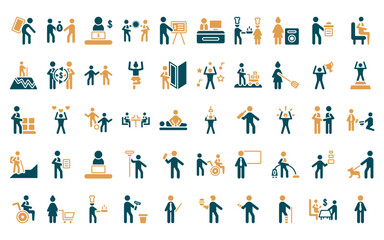 50 linear humans icon pack. vector thin line showering, give over, online business, fighting, business presentation, office worker, cooker couple icons suitable for apps and websites ui designs.