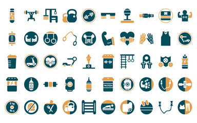 50 linear gymandfitness icon pack. vector thin line supplement, weightlifting, gym station, kettlebells, weight bar, fitness step, punching ball icons suitable for apps and websites ui designs.