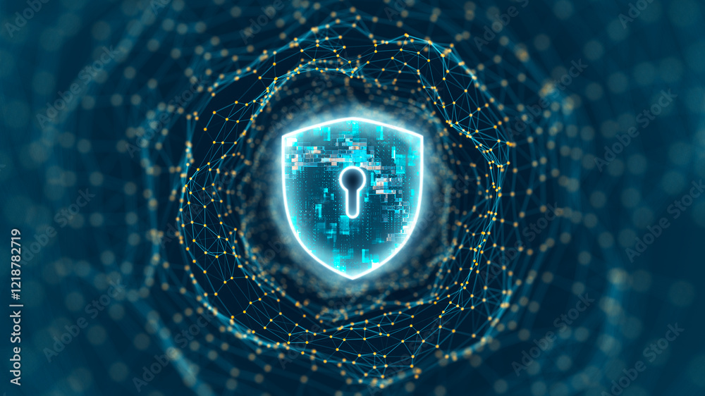 Poster blue digital security shield logo and tunnel line connection with network firewall technology and da