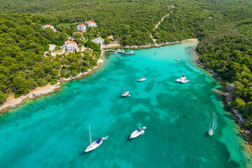 Aerial view of Rab Island beautiful coast in Dalmatia region of Croatia.