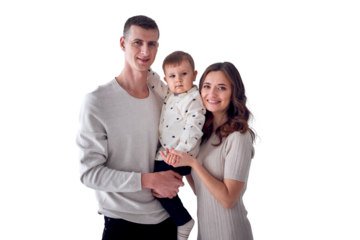 minimalist portrait of a mother, father and their two-year-old son on a white background