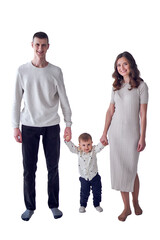 minimalist portrait of a mother, father and their two-year-old son on a white background