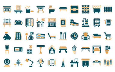 50 linear furniture and household icon pack. vector thin line silverware, dehumidifier, small saucepan, gateleg table, bidet, table, chest icons suitable for apps and websites ui designs.