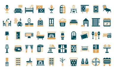 50 linear furniture and household icon pack. vector thin line wc, kitchen table, crib, pillows, desk chair, window, lowboy icons suitable for apps and websites ui designs.