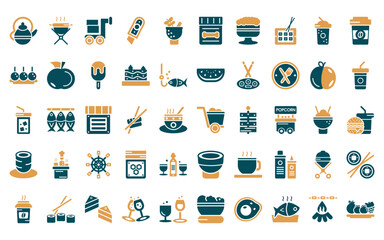 50 linear food icon pack. vector thin line cart graphic, cooking on the, mover, paper knife, herb, treats, japanese rice ball in a bowl icons suitable for apps and websites ui designs.