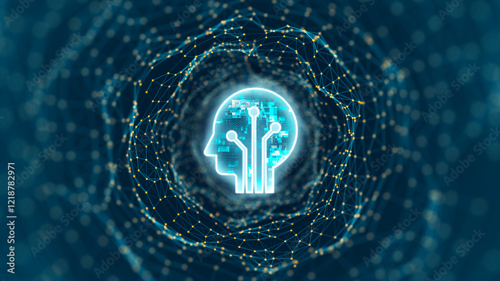 Poster blue digital robot head logo and tunnel line connection with artificial intelligence and robot assis