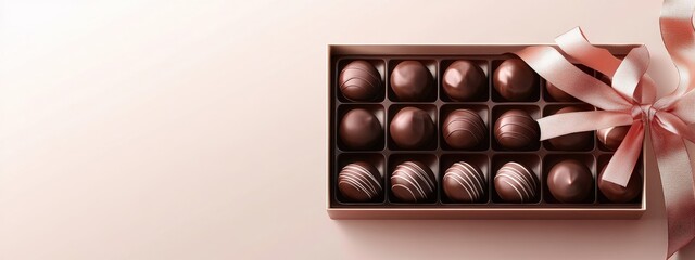 Obraz premium Elegant chocolate box with assorted chocolates and a delicate ribbon for gift giving and celebrations