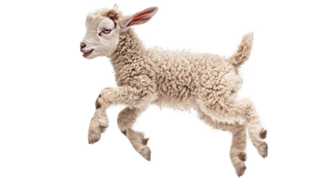 Playful Young Lamb Jumping with Joy, Showcasing Soft Wool Coat and Innocent Expression, Capturing the Spirit of Farm Life and Nature in a Vibrant and Energetic Pose