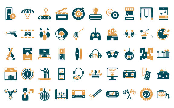 50 linear entertainment icon pack. vector thin line earphone, paraplane, joystick, clapboard, dart, controller, eight ball icons suitable for apps and websites ui designs.