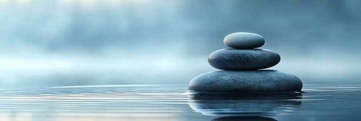 Fototapeta premium Reflective beauty in nature with balanced stone stacks.
